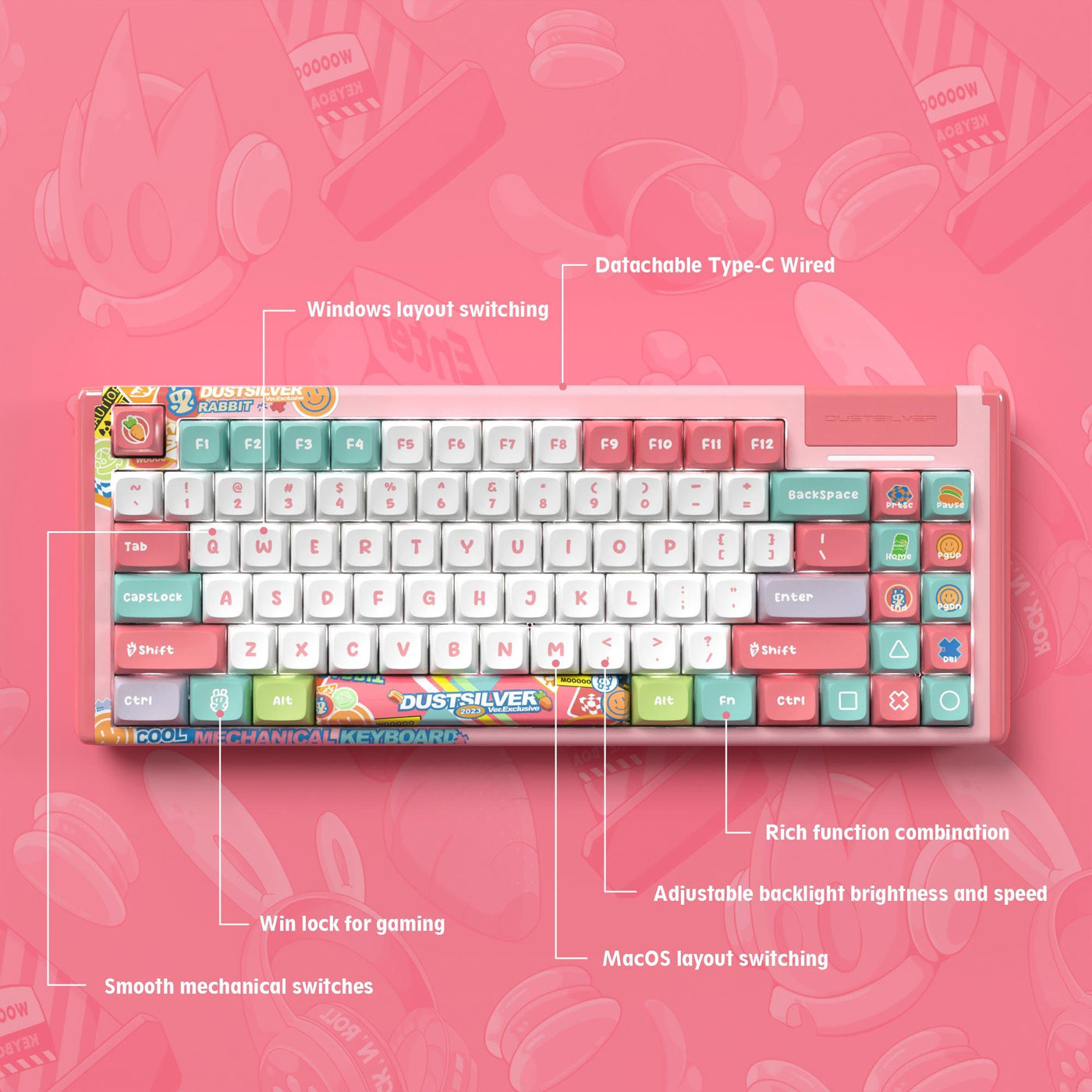 Dustsilver Kawaii Bunny Wired Mechanical Keyboard - dustsilver